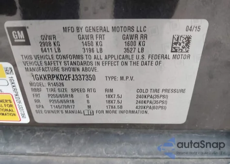 2015 GMC Acadia Sle-2 z USA, uszkodzony, nr VIN 1GKKRPKD2FJ337350
